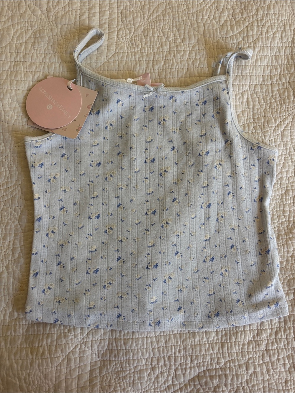 LoveShackFancy Pale Blue Floral Ribbed Camisole